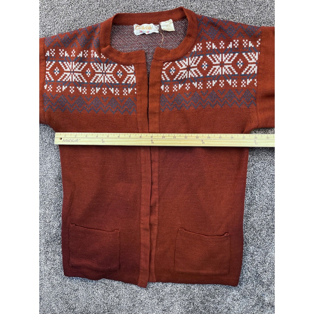 Catalina Jacquard Cardigan Womens M Acrylic Short Sleeve Nordic Vintage Brown - Picture 6 of 8